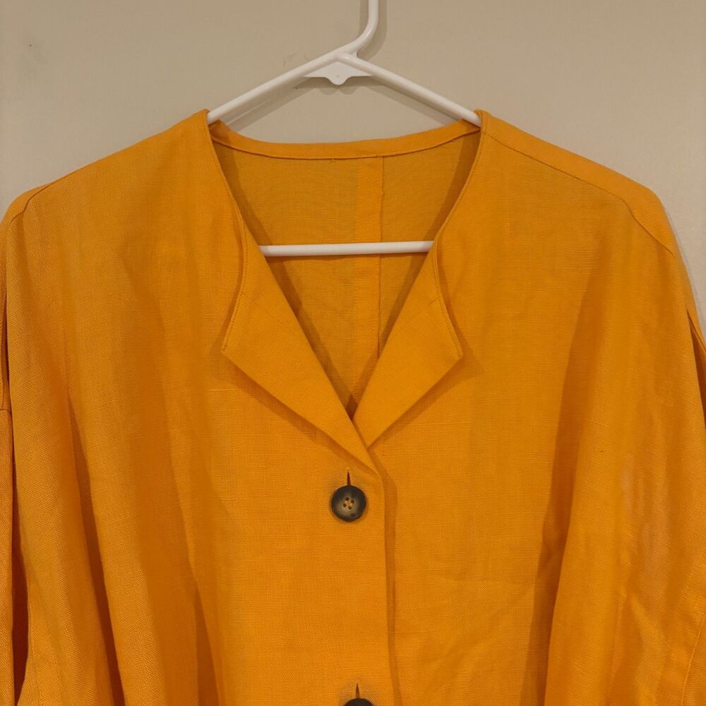 Vintage Linen Long Sleeve Button Front Belted Blouse Orange - Picture 2 of 7